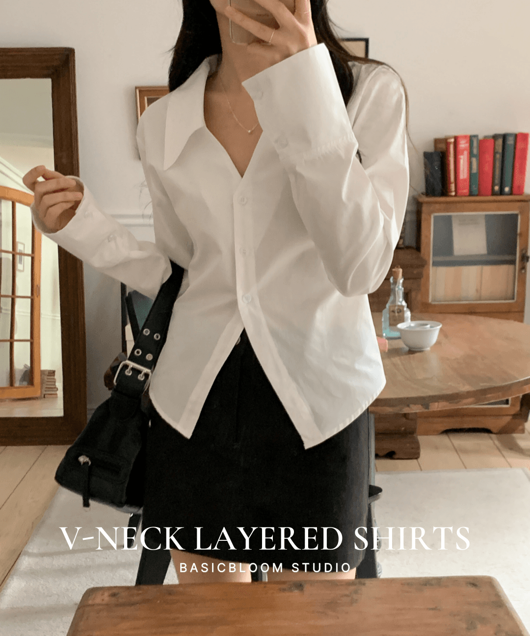 베이직블룸 [자체제작/S~XL/슬림핏] 브이넥 레이어드 화이트 셔츠 (잘록허리, 데이트룩)