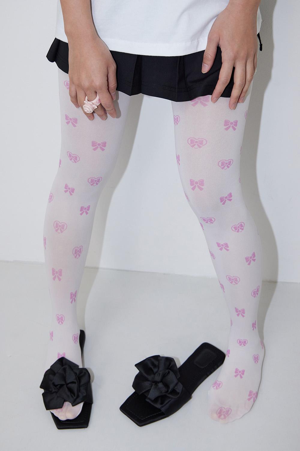 Pink Ribbon Pixel Tights (80D)_WHITE