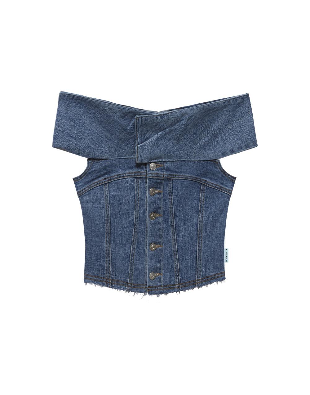 오프숄더 데님 블라우스 - 블루