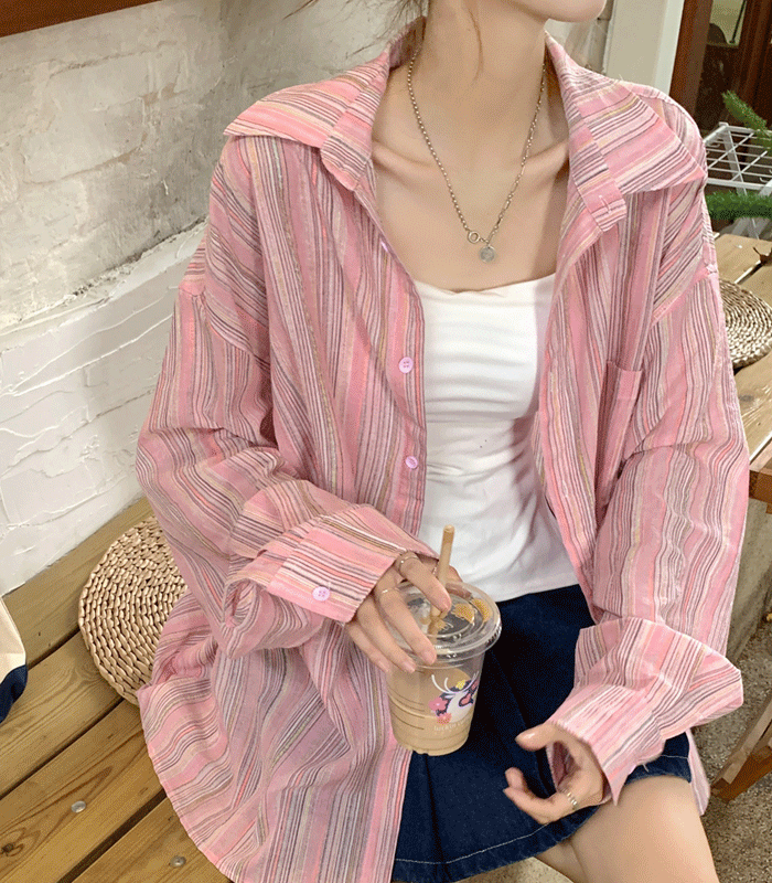 브이루아  ★[고퀄👍MADE(~2XL)💋/매니아 핫아이템] 소희 오버핏 스트라이프 시어서커 셔츠★ 긴팔 빅사이즈/플러스사이즈 오버핏 봄 여름 데일리룩 체형커버 살안타템 셔츠