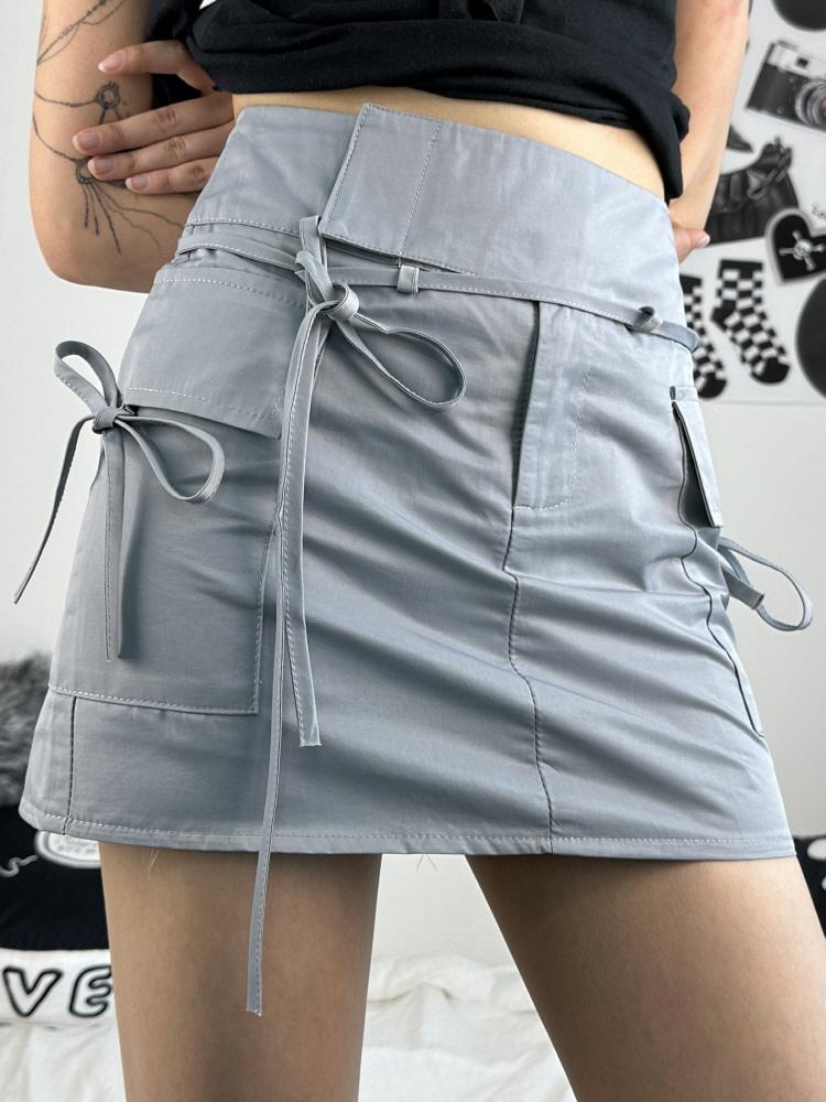 더블 키치 리본 그레이 코튼  미니 스커트 팬츠(3-5일 여유주문)