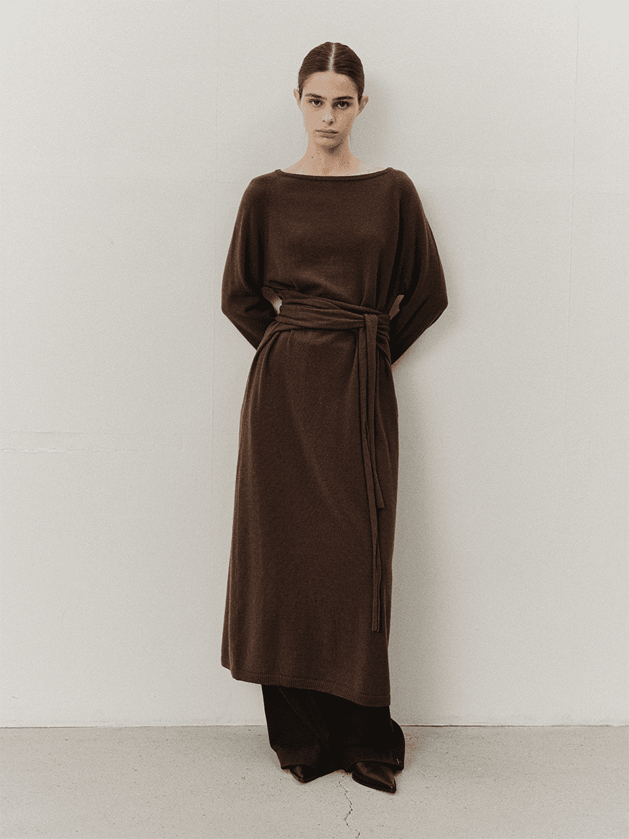 TVF MERINO WOOL TIE KNIT DRESS_BROWN