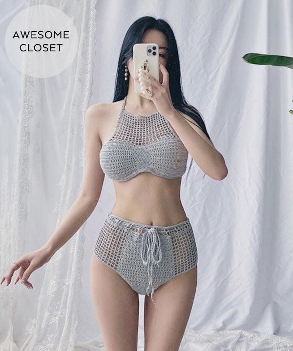 레벨 섹시 시스루 니트 네트 홀터 비키니