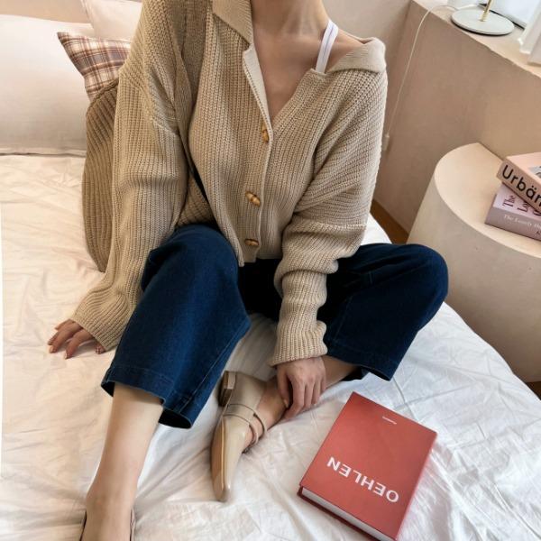 루즈핏 가오리 떡볶이 단추 니트 크롭 가디건