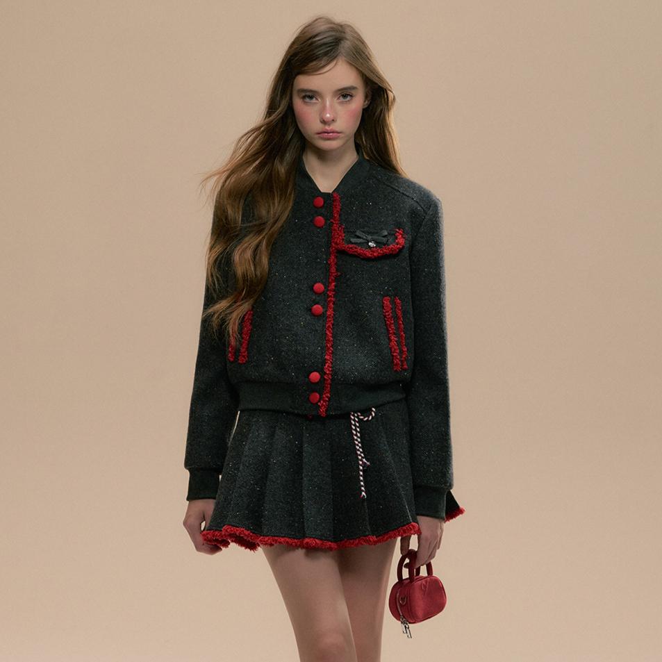 SunsetPark 레트로 울 베이스볼 자켓 플리츠 스커트 셋업 투피스