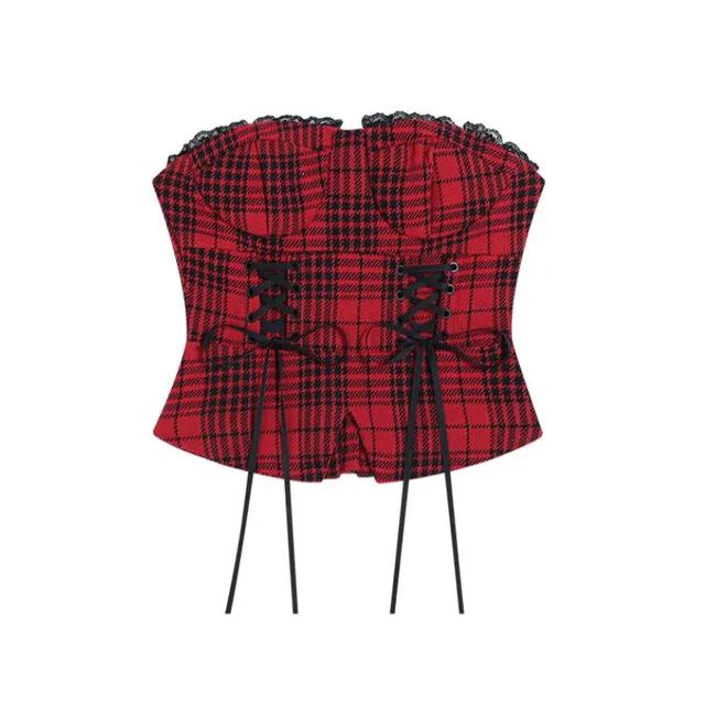 레드 체크 페스티벌 코스튬 파티룩 튜브탑