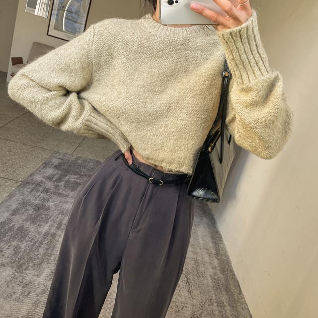 베이직 라운드넥 울 도톰 크롭 니트