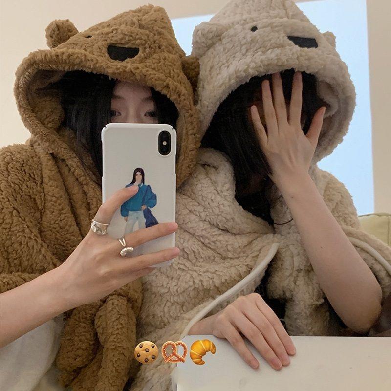 bookaz 곰돌이 후드 담요 목도리 집순이 겨울 방콕 사무실 캠핑