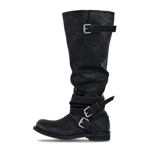 [SEOXNT3] Knee-High Slouchy Buckle Long Boots_Matte Black
