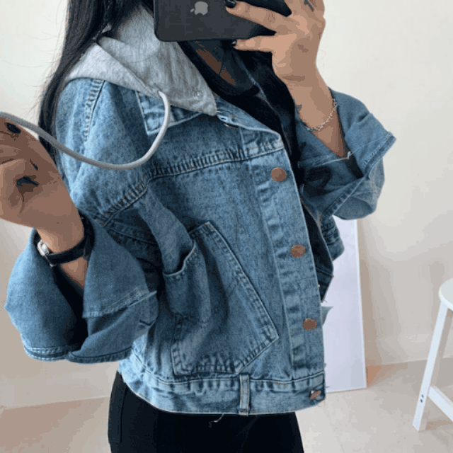 당일발송!!흑청추가 [후드1+1] 후드탈부착  크롭청자켓