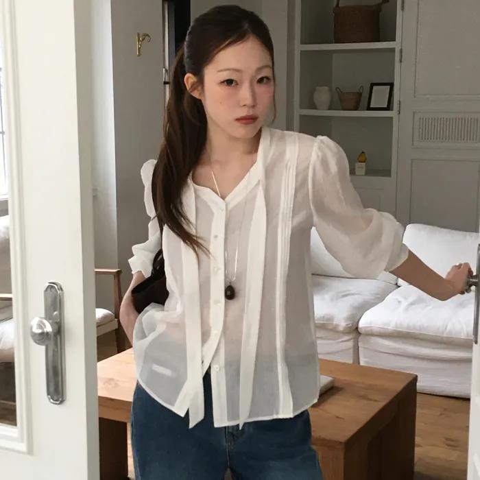 텐셀 스카프 타이 핀턱 블라우스 - Ivory