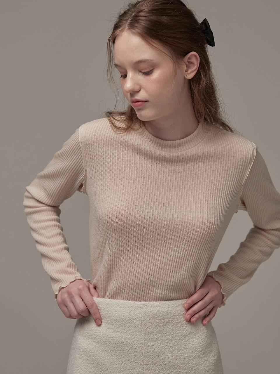 Ribbed waving halfneck tee - Butter beige