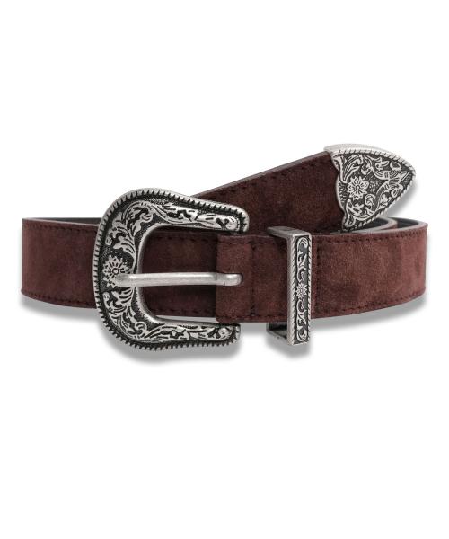 Flower Western Suede Belt in Brown