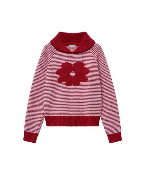 FLORAL STRIPE COLLAR KNIT red