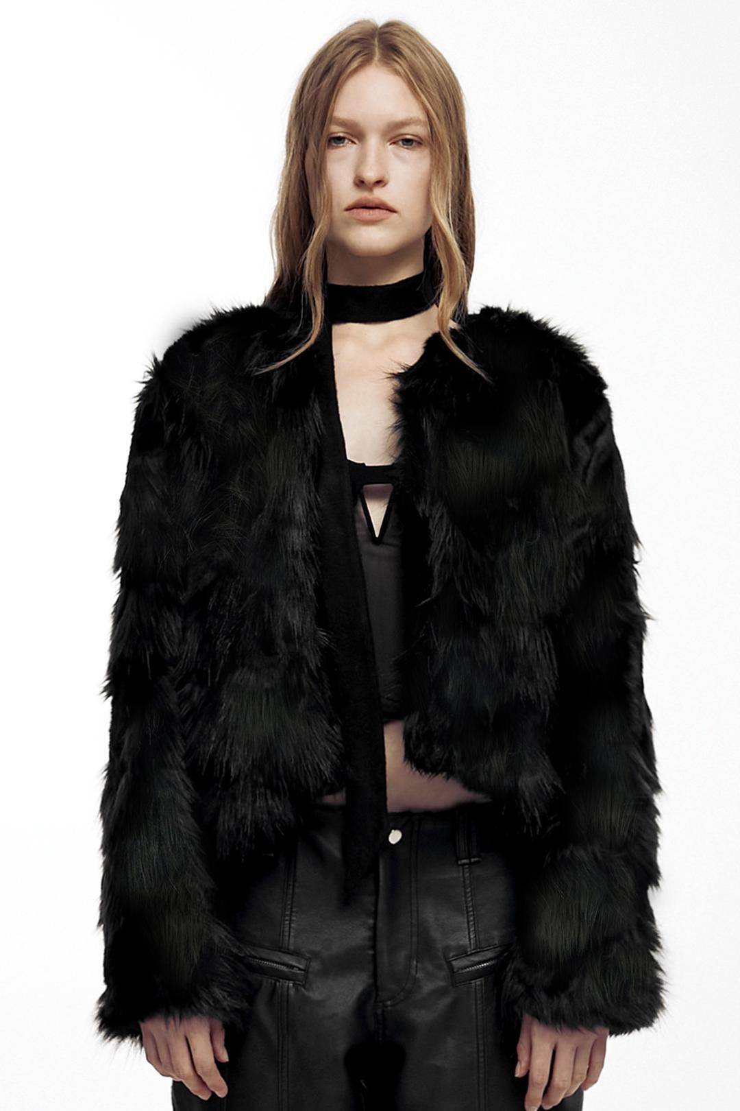 JACQUARD FAUX FUR JACKET KHAKI BLACK