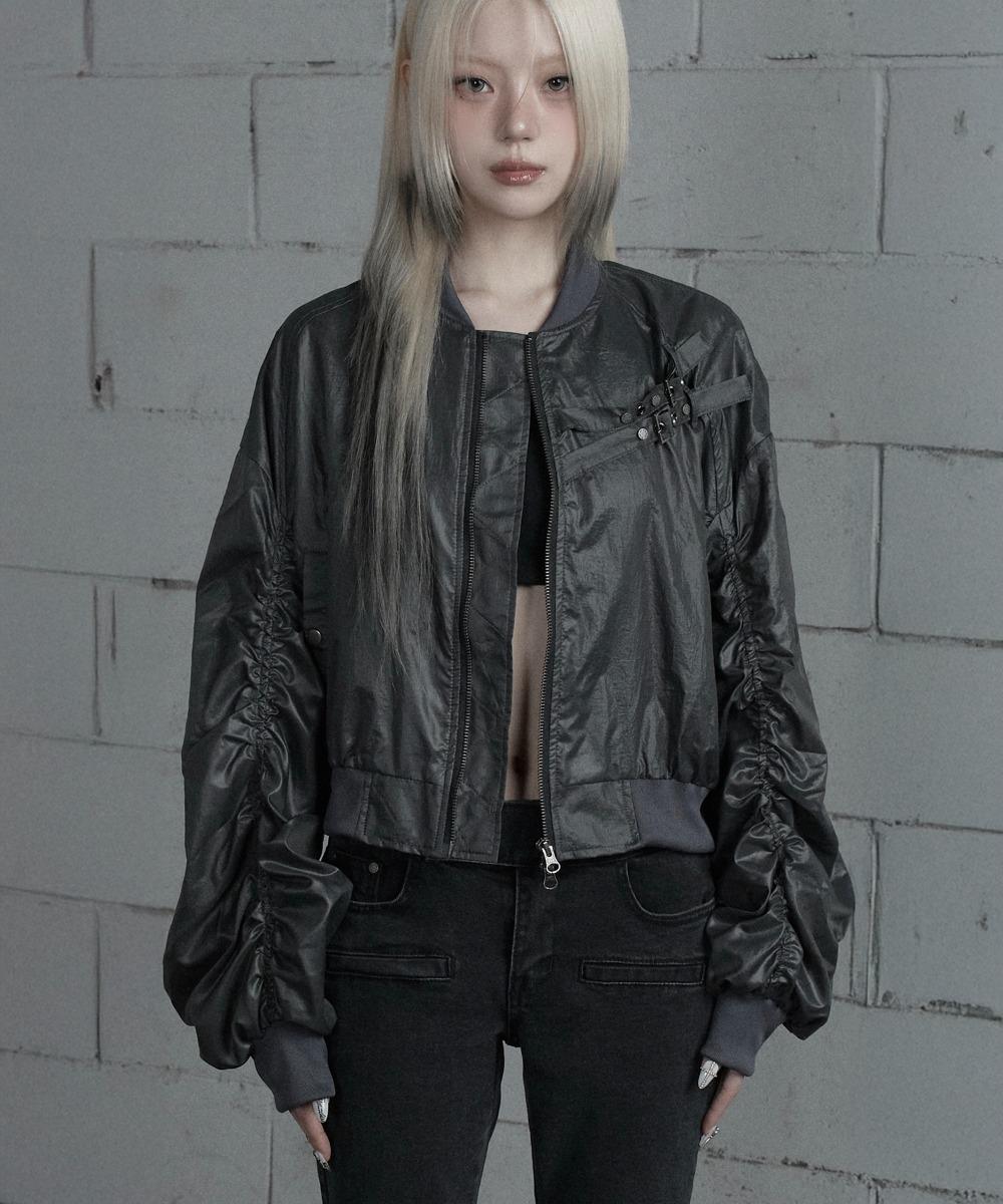 Chest Belt Tipstop Shirring Crop Jacket (Dark Gray)