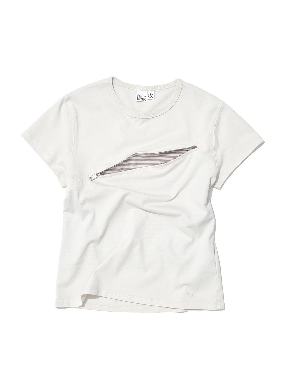 [WOMEN] SLASH ZIP-UP MESH LAYER SHORT SLEEVE TEE_ECRU