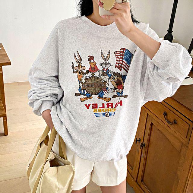 아메리카 프린팅 박시 기모 맨투맨 루즈핏 스웻셔츠 라운드넥 캐릭터 커플티 데일리 간절기 2COLOR