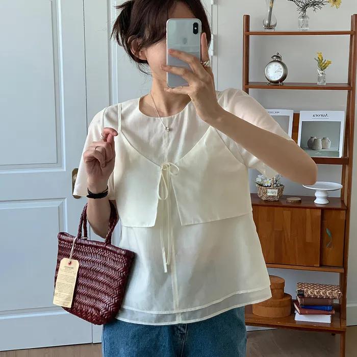 [드로우핏우먼 X 꾸니] 시어 레이어 뷔스티에 블라우스 [CREAM YELLOW]