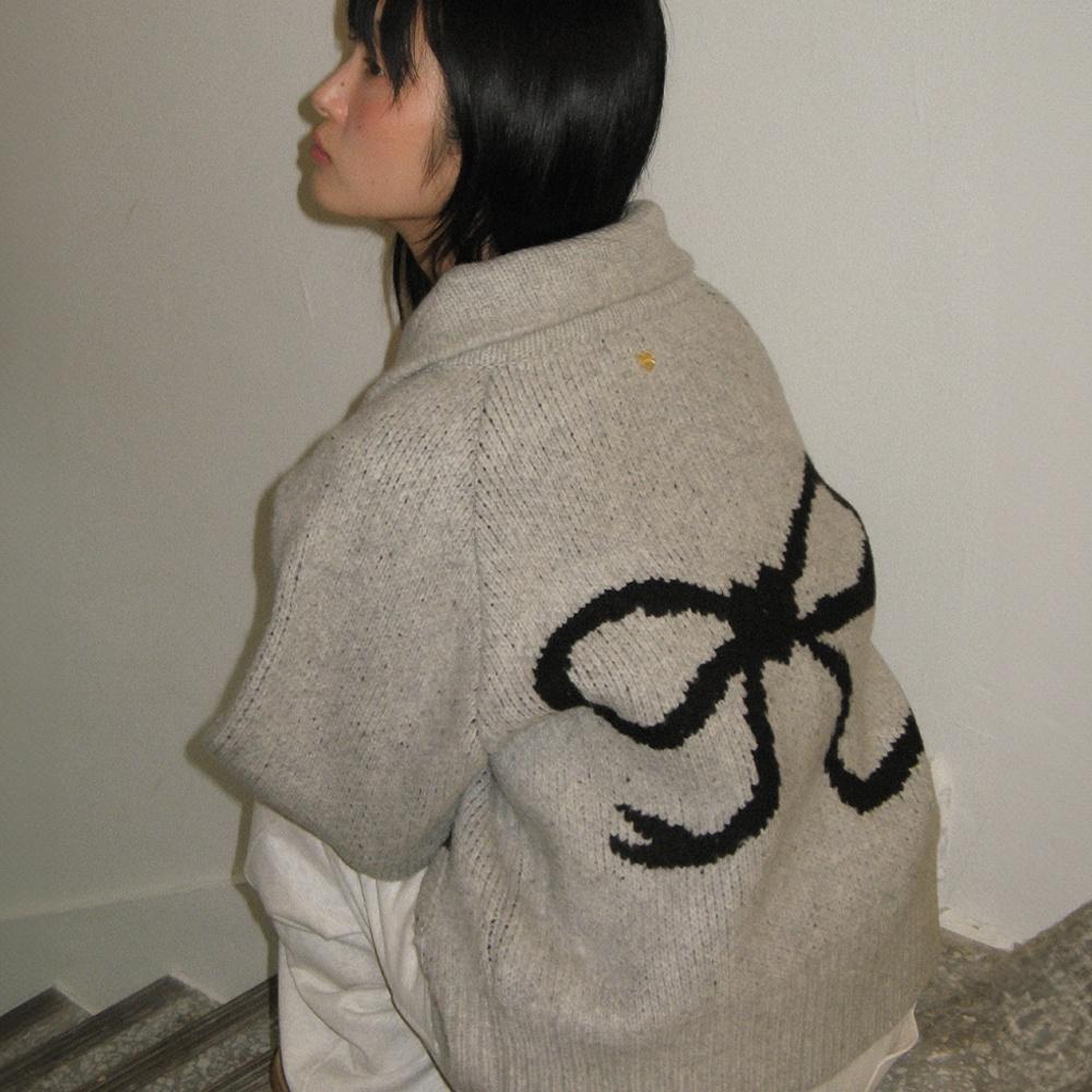 BACK HEART RIBBON COWICHAN KNIT ZIP UP GREY