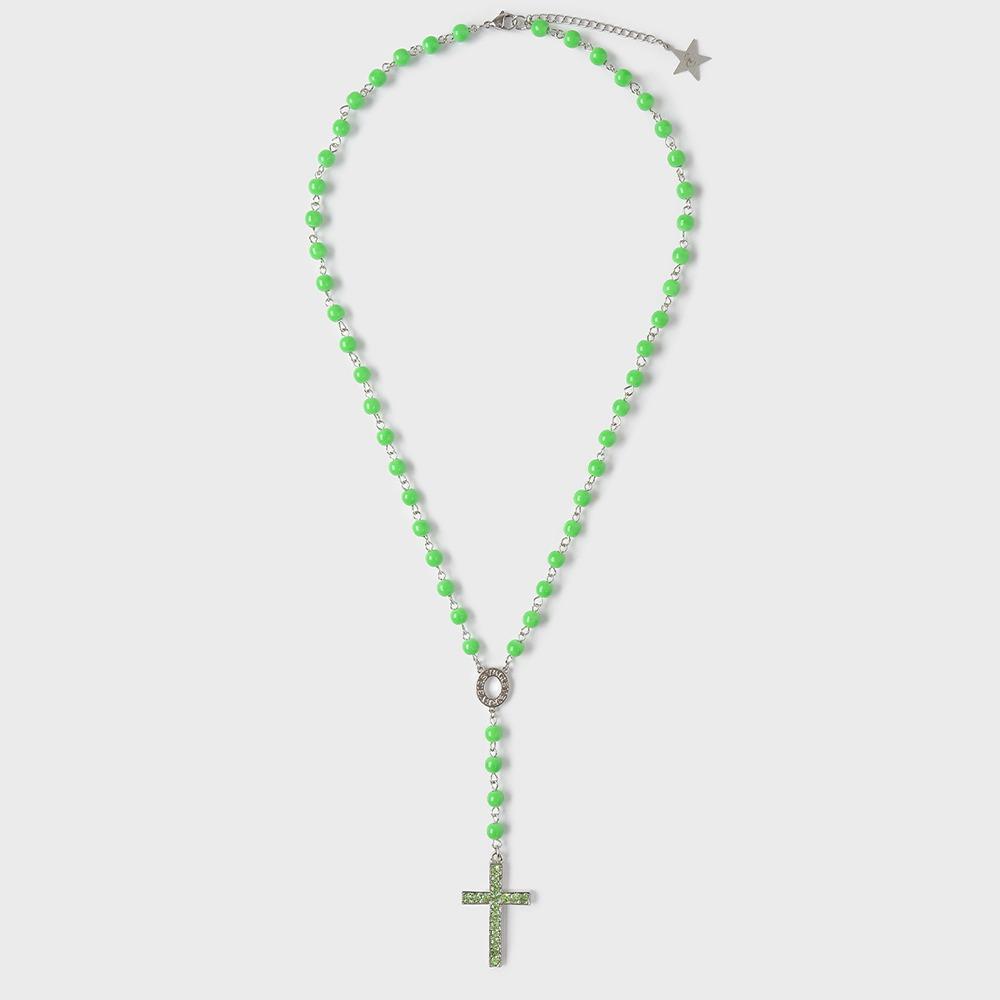 CROSS & BEADS NECKLACE (NEON GREEN)