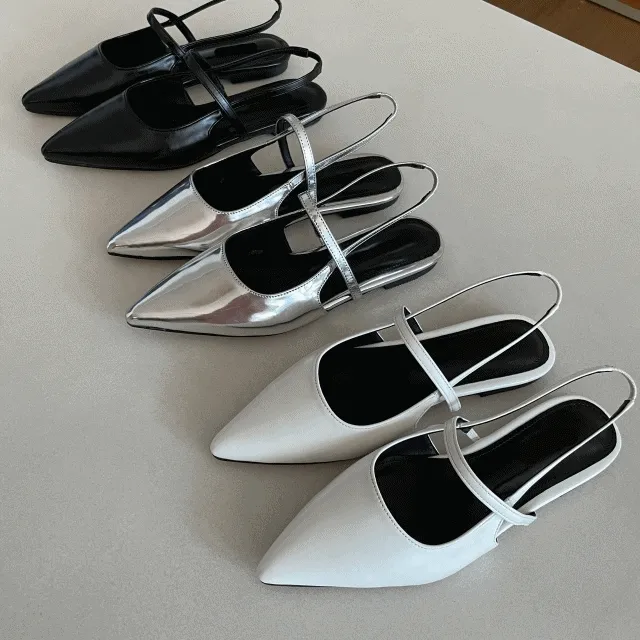 [🔥저렴이비교불가!/굽1.5cm] 슬림 슬링백 (3color) / 스틸레토 발등 스트랩 플랫 단화 블로퍼 샌들 밴딩 실버 화이트 뾰족 브이코