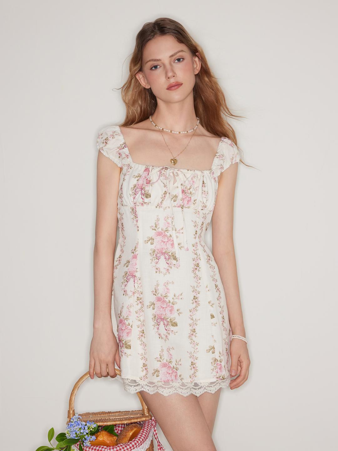 Square Neck Floral Knotted Mini Dress