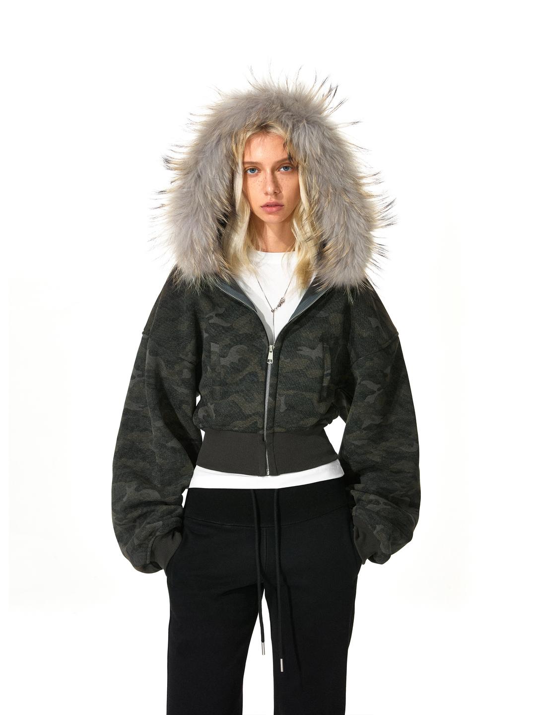 KVKV Real fur cropped Camo hoodie jacket