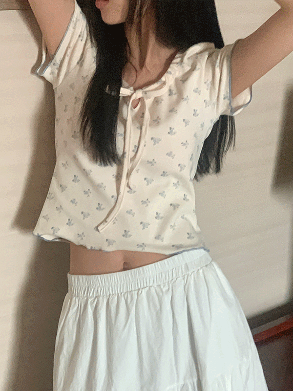 나이니 프로미 플라워 꽃 셔링 리본 반팔 티셔츠