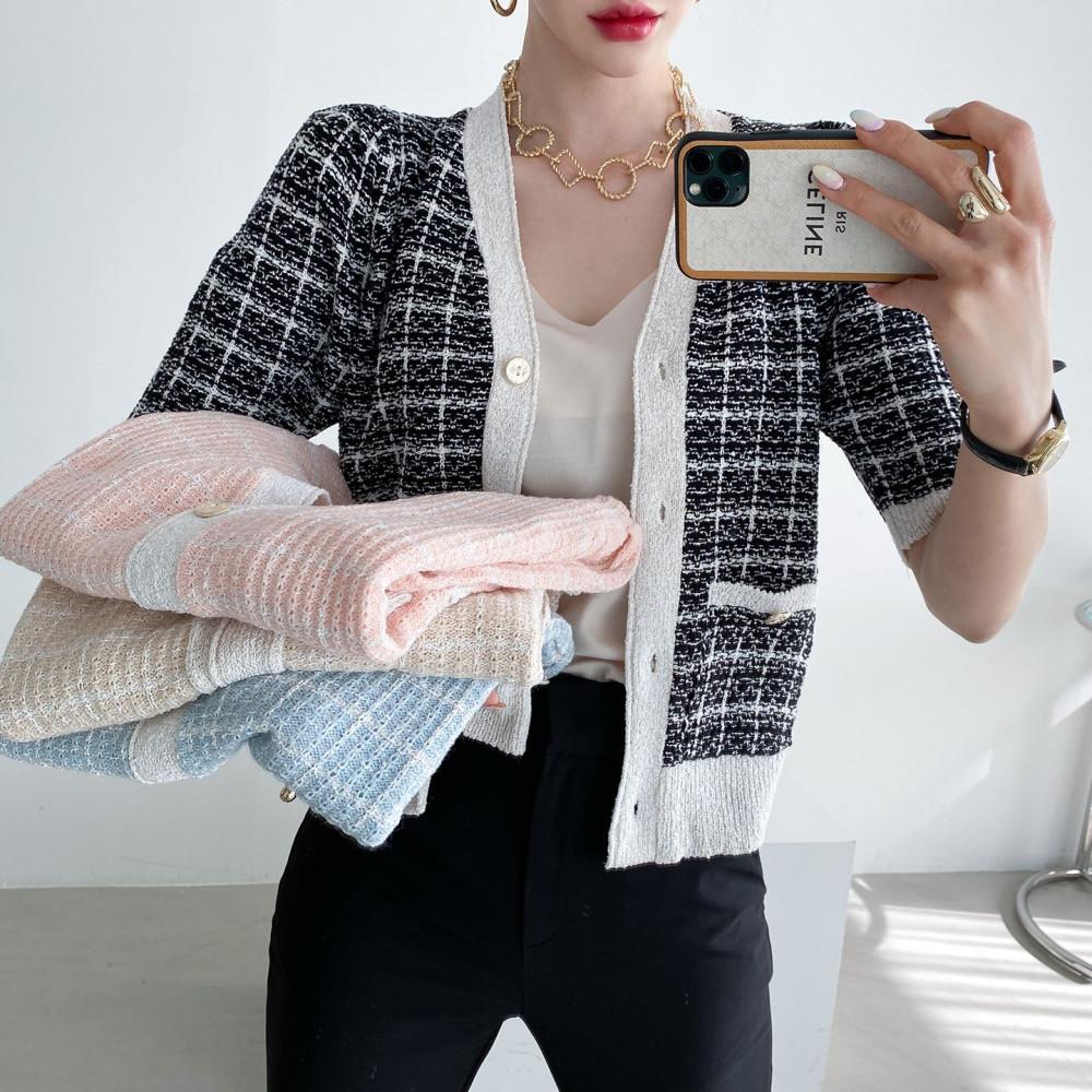 반팔 트위드가디건 여름 여성 샤샤 체크 퍼프 부클 크롭가디건