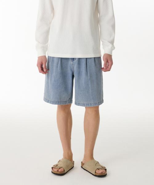 린넨 라이크 투 턱 와이드 데님 쇼츠 [스카이 블루]