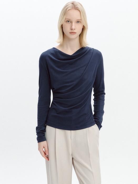 Cowl-neck Draped T-blouse NAVY