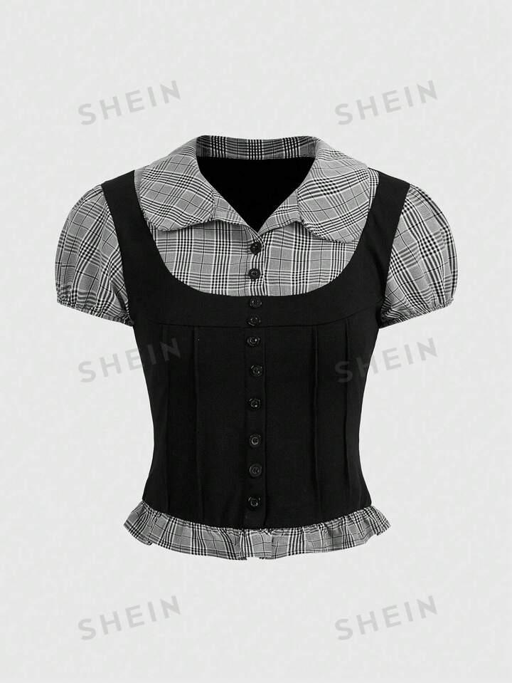 ROMWE Academia 봄과 여름을 위한 아카데믹 스타일 2-합 1 블랙 및 그레이 체크 스플라이스 반팔 셔츠