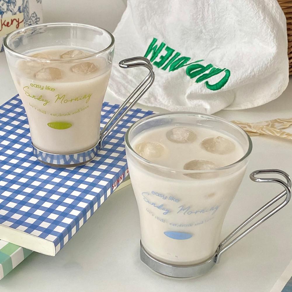 [모모피너츠] 레트로 핸들 레터링 유리컵 귀여운 홈카페 프랑스어 유리잔 내열유리 라떼컵 사무실 컵 선물