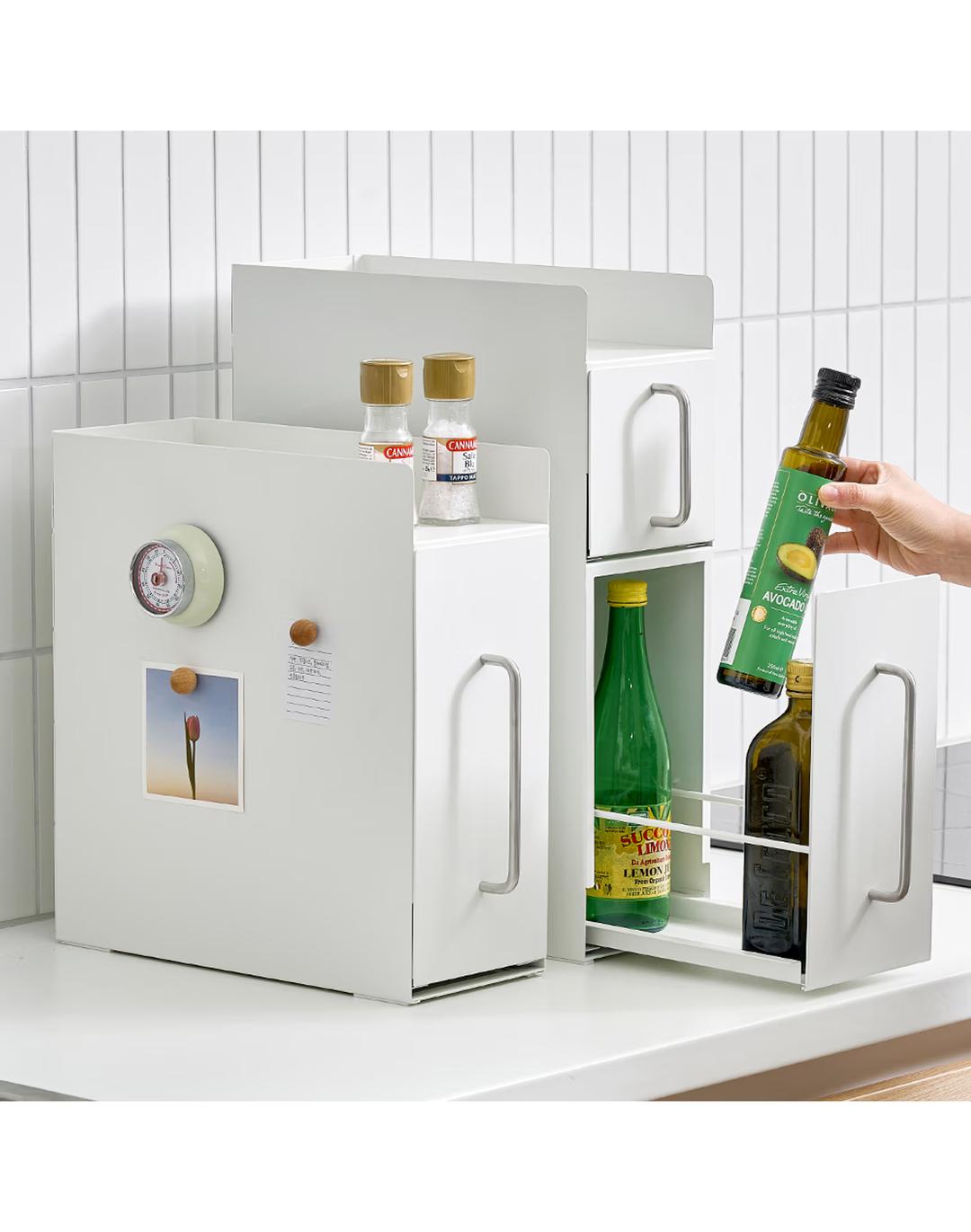 무디타 비화이트 슬림 세로형 철제 슬라이딩 수납장 1단 / 홈카페 영양제 양념통 틈새 정리함