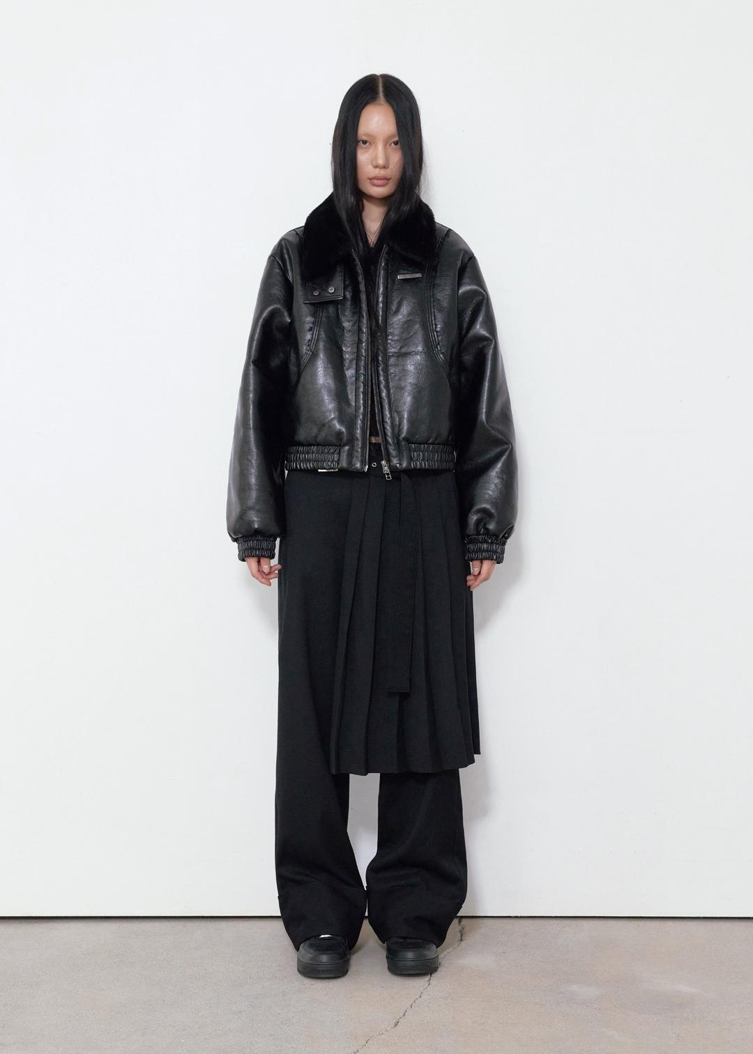 HIGH NECK FLIGHT LEATHER JACKET, BLACK