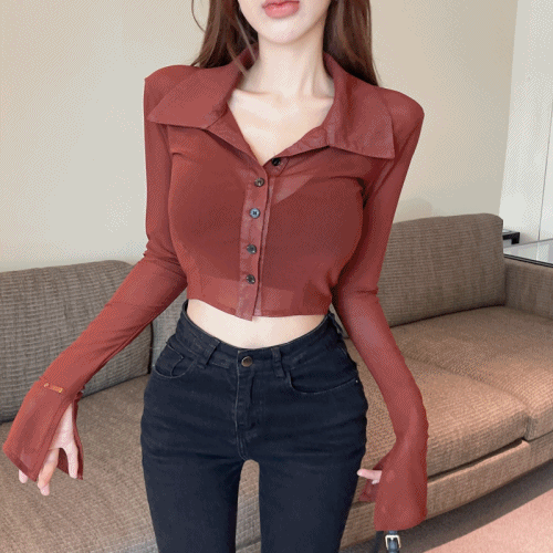 (기획특가) 미니멀 와인레드 숏 시스루 섹시걸 소매트임 솔리드컬러 망사 인생핏 스키니핏 싱글버튼 크롭 힙한 파티룩 섹시룩 쉬폰 셔츠 블라우스 파티룩