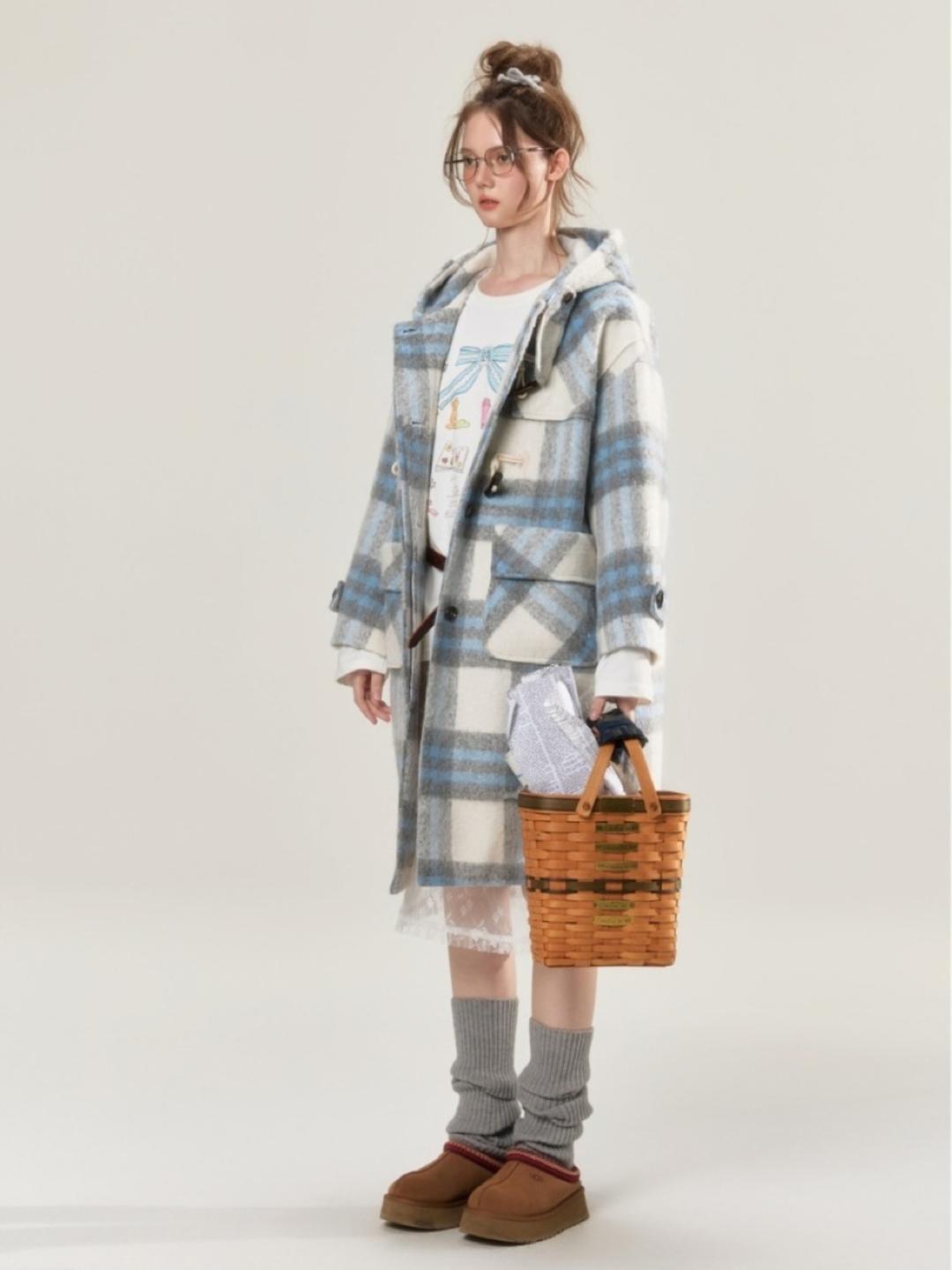 BETWEENAND Snow Checkered Duffel Coat