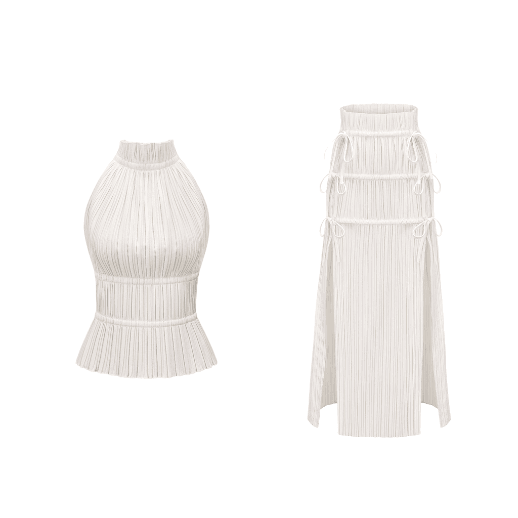 Milisent open-back pleated top & skirt matching set