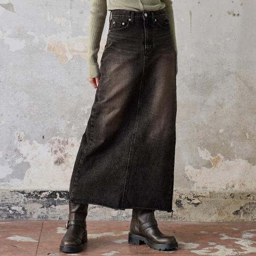 레터링 데님 롱 스커트 (Black Brown)