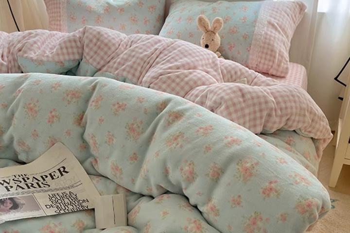 레이스 플라워 체크 벨벳 극세사 이불커버 세트