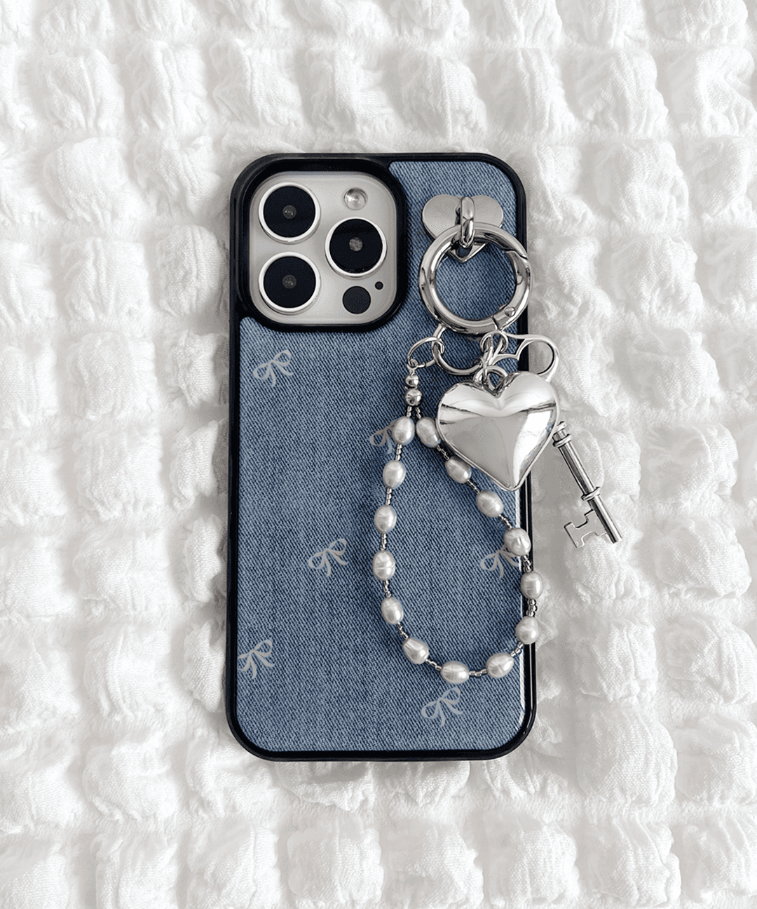 무드문스 [리본 블루진] Y2K 러블리 데님 아이폰 갤럭시 에폭시 케이스