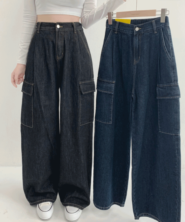 [뒷밴딩💙/~2XL/숏,기본,롱] 디토 핀턱 카고 와이드 하이웨스트 밴딩 생지 데님 팬츠 롱와이드 바지 키작녀 키큰녀 빅사이즈 스판 청 카고바지 2color