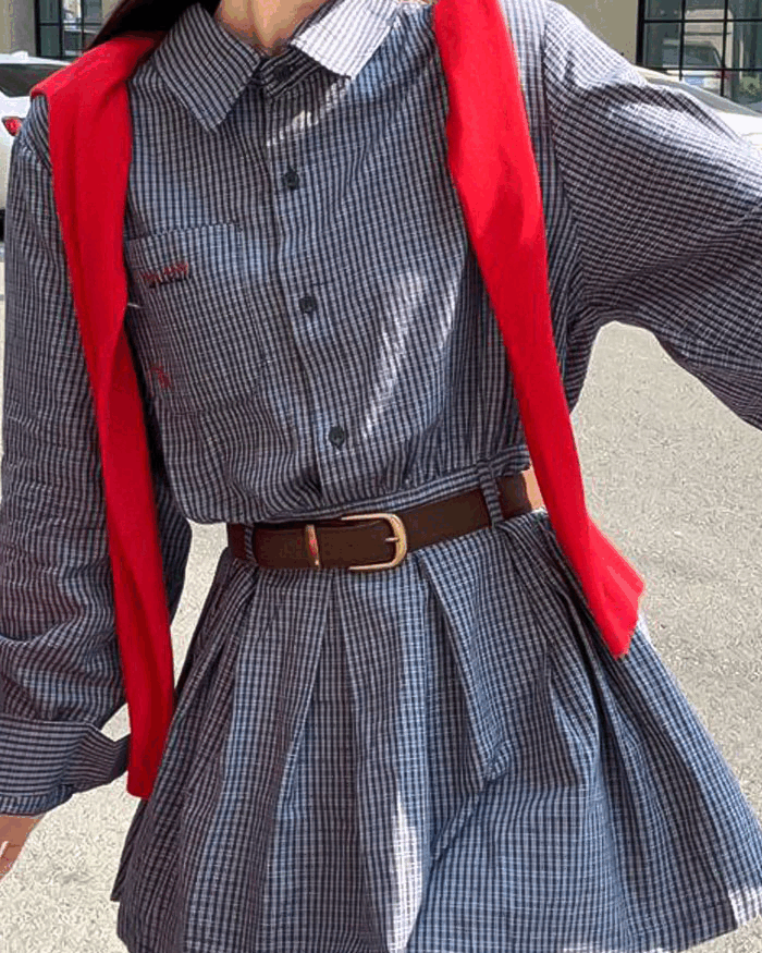[오늘출발🚚]빈티지 폴로넥 블루 체크 원피스 레드 니트 케이프