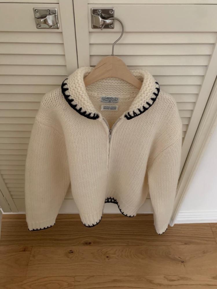 [아이당일] 가브리엘 에버딘 핸드메이드 배색 니트 가디건 집업가디건 (3colors)