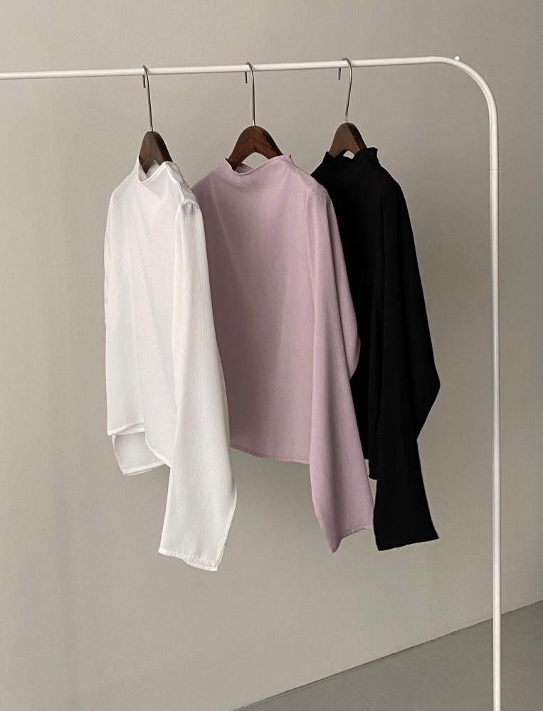 반하이넥 주름지 쉬폰 가을 블라우스