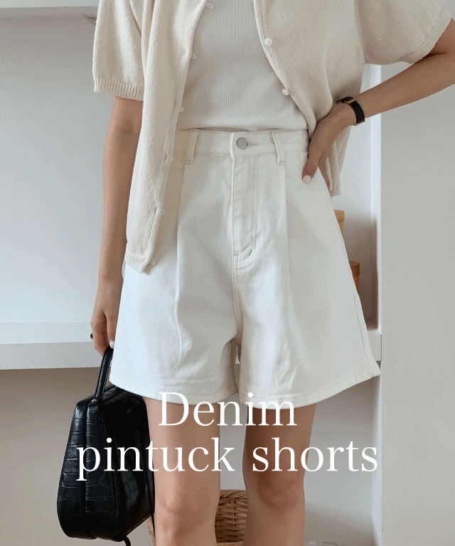[여름신상] 여름 코튼 데님 핀턱 반바지 여자 4부 아이보리 팬츠