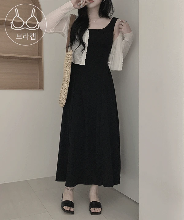 #13264 [모델소장] 꾸안꾸 쫀쫀스판 스퀘어넥 셔링 캡 나시 롱원피스 : 그레이,블랙 2color
