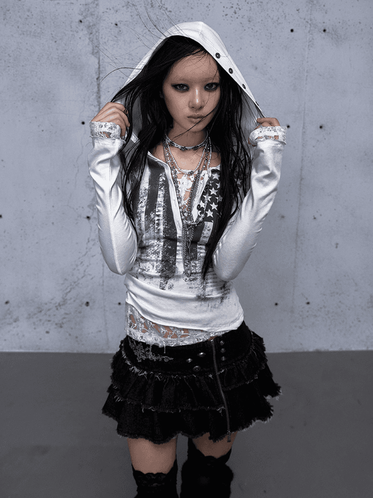 NO ROMANCE Street Punk V-Neck Slim Fit Hooded Long Sleeve