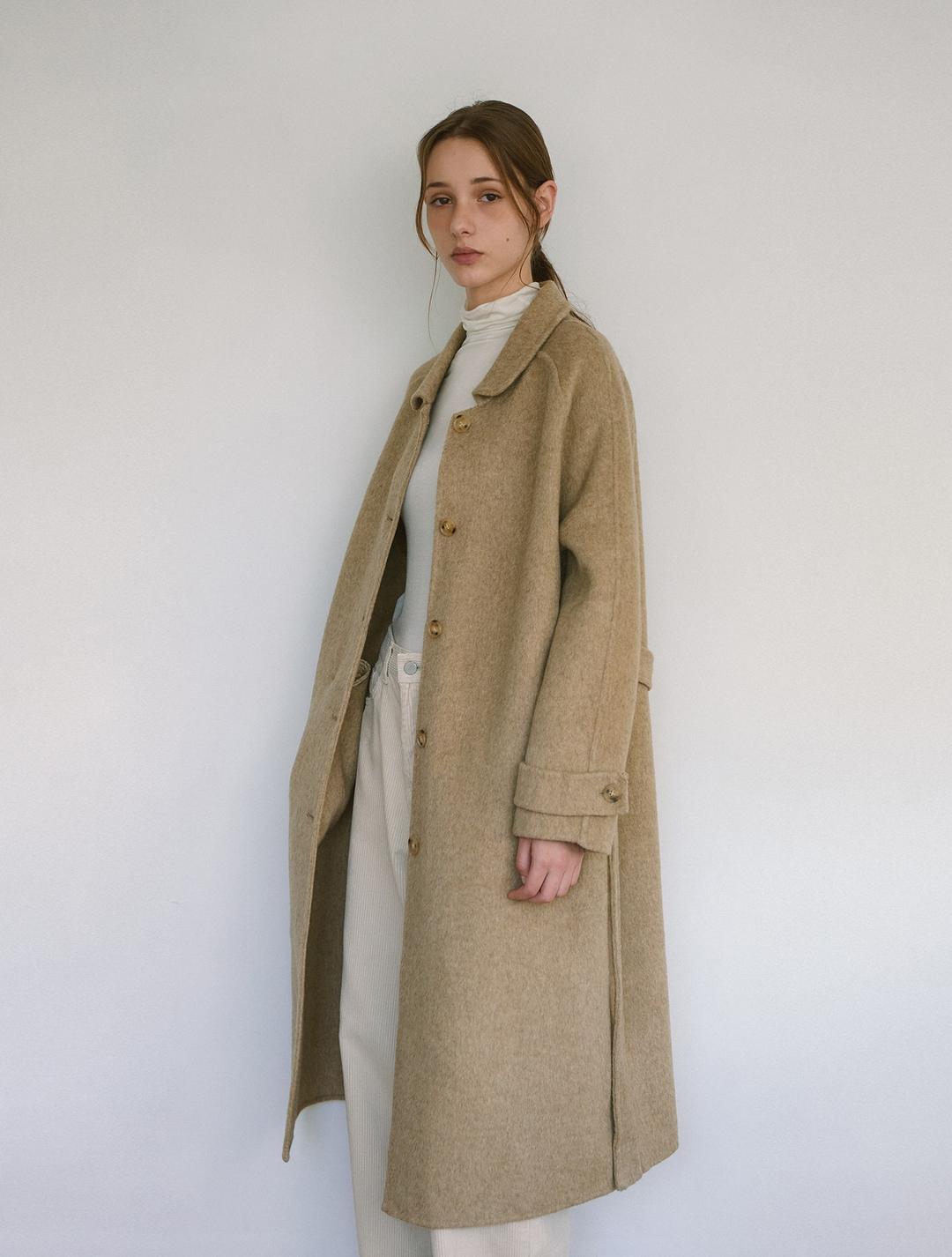 래글런 핸드메이드 롱 코트 - 샌드 베이지